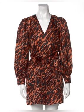 Sandro Orange and Black Animal-Print Tie-Waist Silk Mini Dress Sz.S